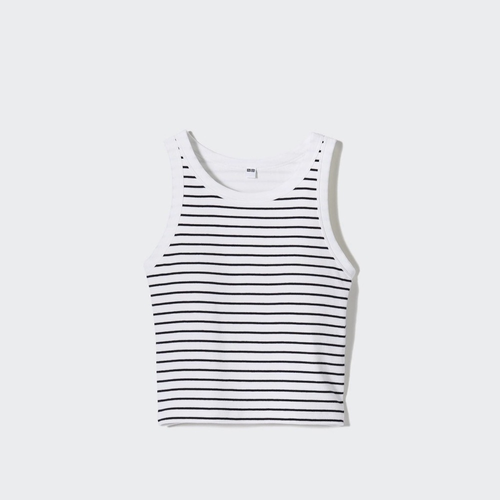Striped Black and White Ribbed Tank Top with Built in Bra